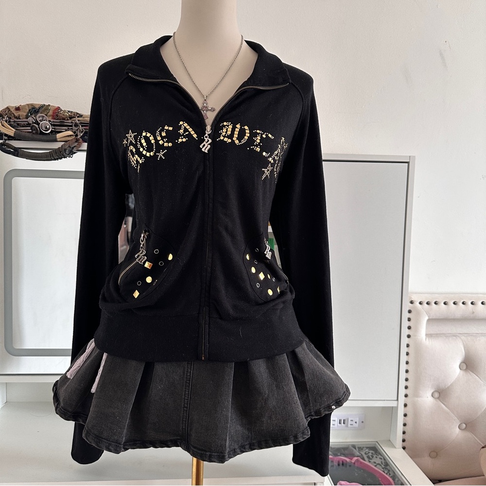 Vintage Rocawear Black Women's Jacket with Gold Accents